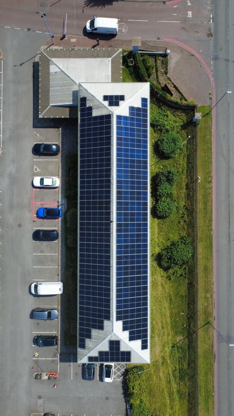 Aerial view of a commercial solar installation